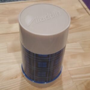 Vintage ALADDIN Thermos Bottle Blue Plaid WIDE Mouth One Pint Clean